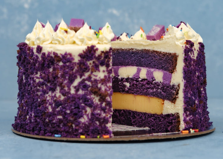The best Ube cake in the UAE! Savour this rich delectable purple yam cake with coconut cream cheese filling and a layer of creamy leche flan. 
Made by The Kakao Guy