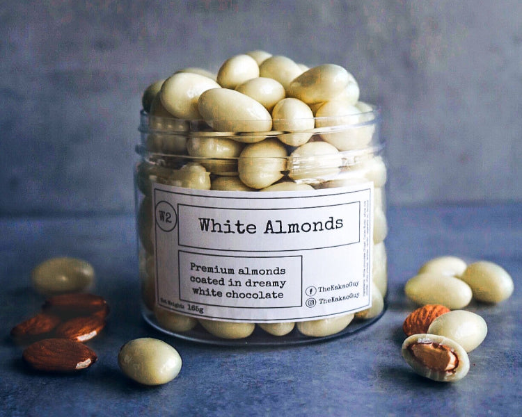The Kakao Guy White Chocolate Almond Dragees. Luxurious milk chocolate covering with roasted premium almond crunchy nuts